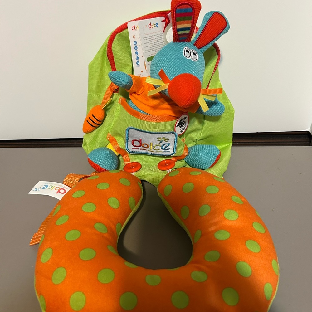 Dolce Orange and Green Travel Neck Pillow with Toy and mini Backpack